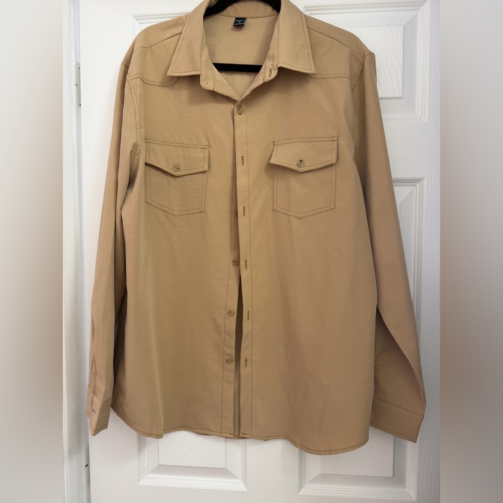 Men's Tan Long-Sleeve Button-Up Dress Shirt